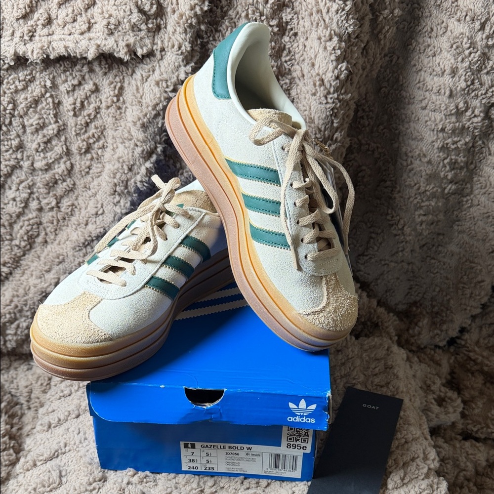 Adidas Women’s Gazelle Bold Cream and Green Sneakers